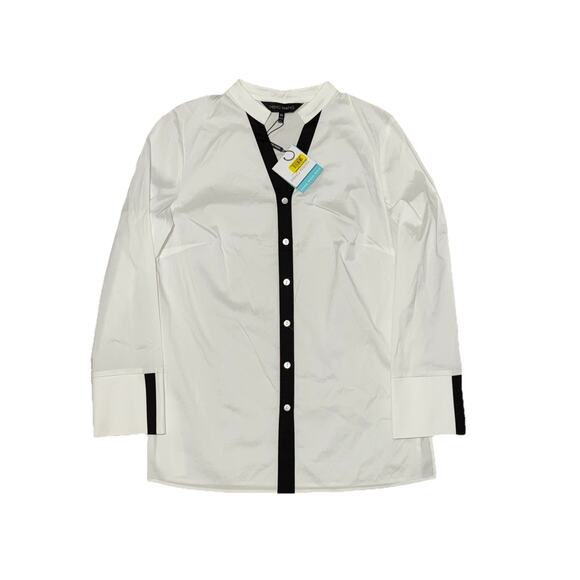 Ming Wang NWT White Button Up Shirt Black Border Trim XS Oversized Top Stretch - Picture 1 of 6